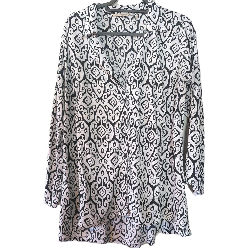 M Oversized Soft Surroundings Flowy B&W Batik Print Boho Women Blouse Lagenlook